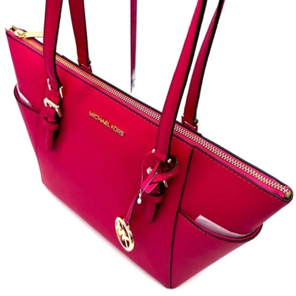 Michael Kors Large Charlotte Tote Bag & MD Bifold Zip Chain Wallet Electric Pink - Picture 6 of 16